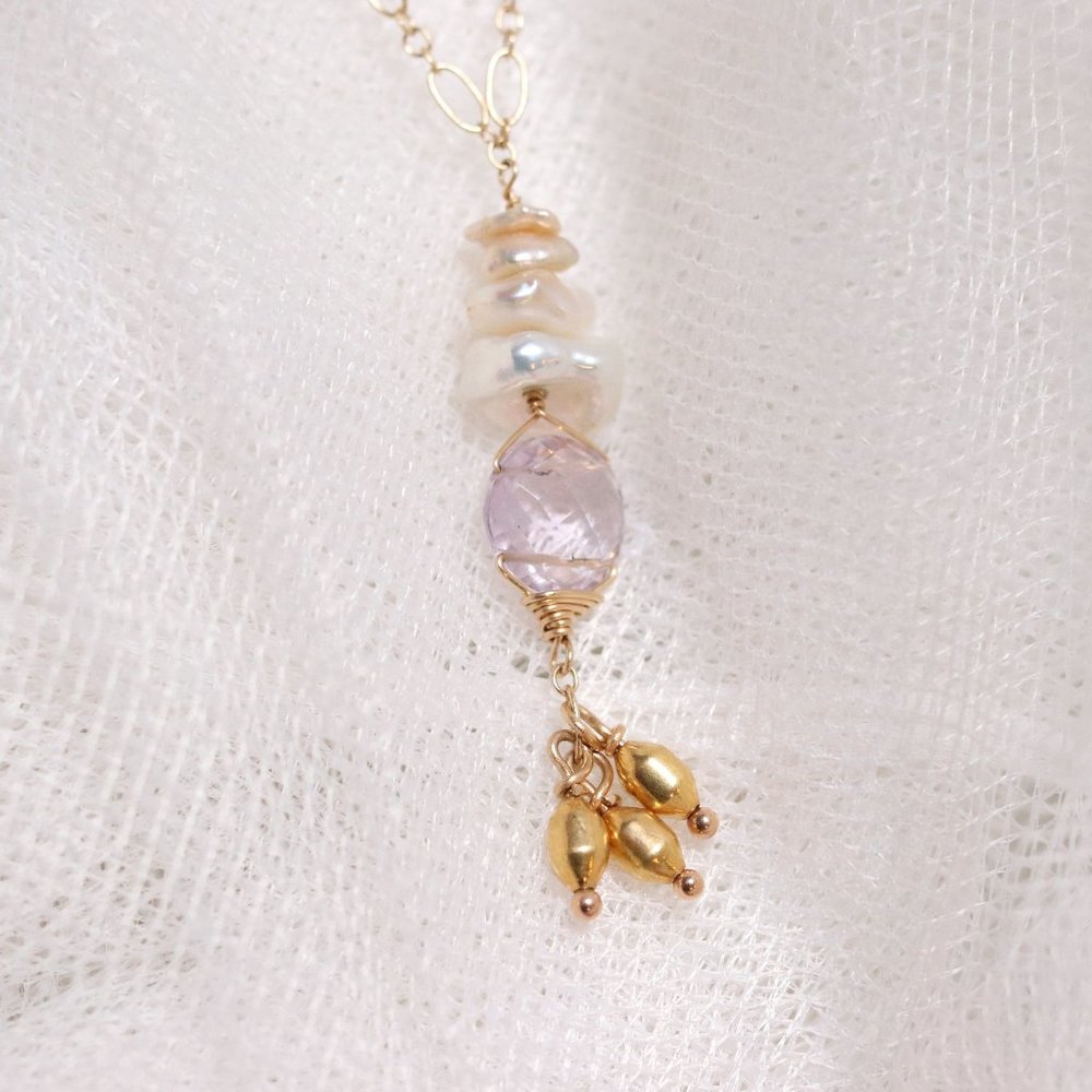 Petal Drop Layering Lilac Purple Sapphire Gemstone and Pearl Necklace Gold Chain